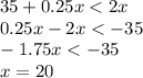 35 + 0.25x < 2x \\ 0.25x - 2x < - 35 \\ - 1.75x < - 35 \\ x = 20