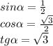 sin \alpha = \frac{1}{2} \\ cos \alpha = \frac{ \sqrt{3} }{2} \\ tg \alpha = \sqrt{3}