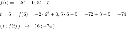 f(t)=-2t^2+0,5t-5\\\\t=6:\ \ f(6)=-2\cdot 6^2+0,5\cdot 6-5=-72+3-5=-74\\\\(\, t\, ;\, f(t)\, )\ \ \to \ \ (\, 6\, ;-74\, )