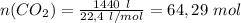 n(CO_{2})=\frac{1440\ l}{22,4\ l/mol } =64,29\ mol