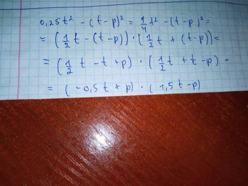 Разложи на множители: 0,25t2−(t−p)2. ( t p)⋅( t p) (в первой скобке — сумма, во второй — разность).