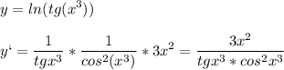 \displaystyle y=ln(tg(x^3))\\\\y`=\frac{1}{tgx^3}*\frac{1}{cos^2(x^3)}*3x^2= \frac{3x^2}{tgx^3*cos^2x^3}