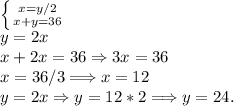 \left \{ {{x = y/2} \atop {x+y = 36}} \right. \\y = 2x\\x+2x = 36 \Rightarrow 3x = 36\\x = 36/3 \Longrightarrow x = 12\\y = 2x \Rightarrow y = 12*2 \Longrightarrow y = 24.