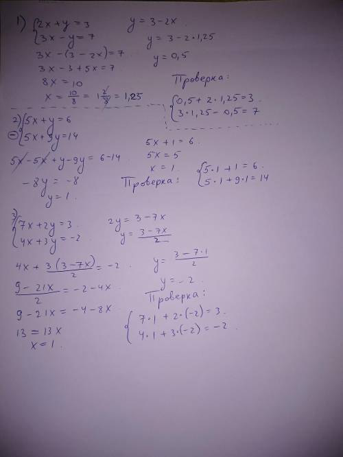 Система 1)2×+y =3 3x-y=7 2) 5x+y=6 5x+9y=14 3) 7x+2y =3 4x+3y=-2​