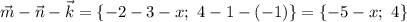 \vec{m}-\vec{n}-\vec{k}=\{-2-3-x;\ 4-1-(-1)\}=\{-5-x;\ 4\}