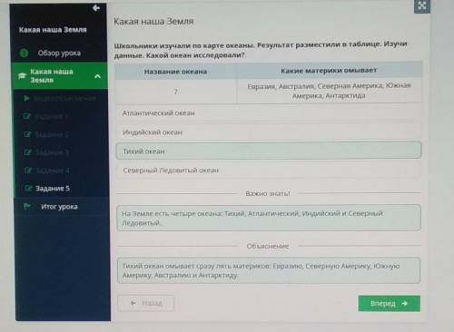 ￼￼ ￼￼школьники изучали по карте океаны результат разместил таблицы изучи даны какой океан исследовал