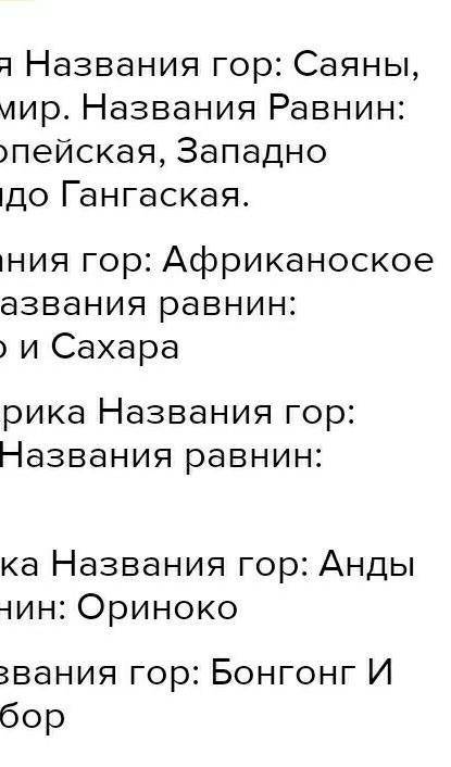 Напиши название гор и равнин материков, данных в таблице используя энциклопедии и интернет источники