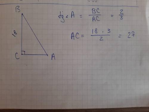 У трикутнику АВС ∠С=90°, ВС=18, tg∠А=2/3. Знайти АС.​