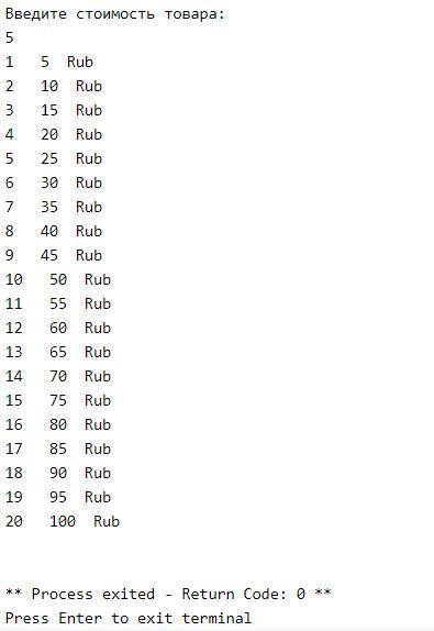 Одна единица товара стоит X рублей. Напечатайте таблицу стоимости 1, 2, 3, ..., 20 единиц этого това
