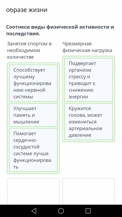 Соотнеси виды физической активности и последствия.Занятия спортом внеобходимомКоличествеЧрезмернаяфи