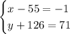 \begin{cases} x-55=-1\\ y+126=71 \end{cases}