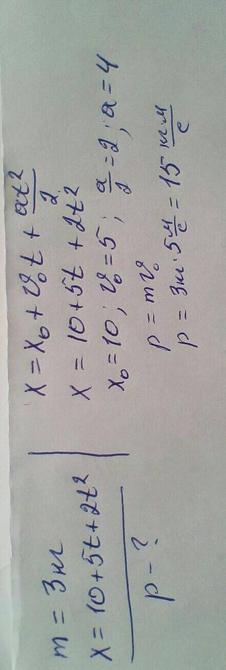 рівняння руху тіла, масою 3 кг, задано формулою x=10+5t=2t2.Визначте імпульс тіла в початковий момен