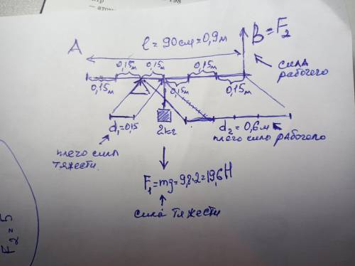 Рычаг длиной 90 см находится в равновесии.Какая сила приложена в точке В? 1) 5Н2) 0,5 Н3) 50 4) 100