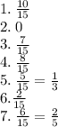 1. \: \frac{10}{15} \\ 2. \: 0 \\ 3. \: \frac{7}{15} \\ 4. \: \frac{8}{15} \\ 5. \: \frac{5}{15} = \frac{1}{3} \\ 6. \frac{2}{15} \\ 7. \: \frac{6}{15} = \frac{2}{5}