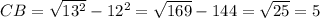 CB=\sqrt{13^{2} }-12^{2} =\sqrt{169}-144=\sqrt{25} =5