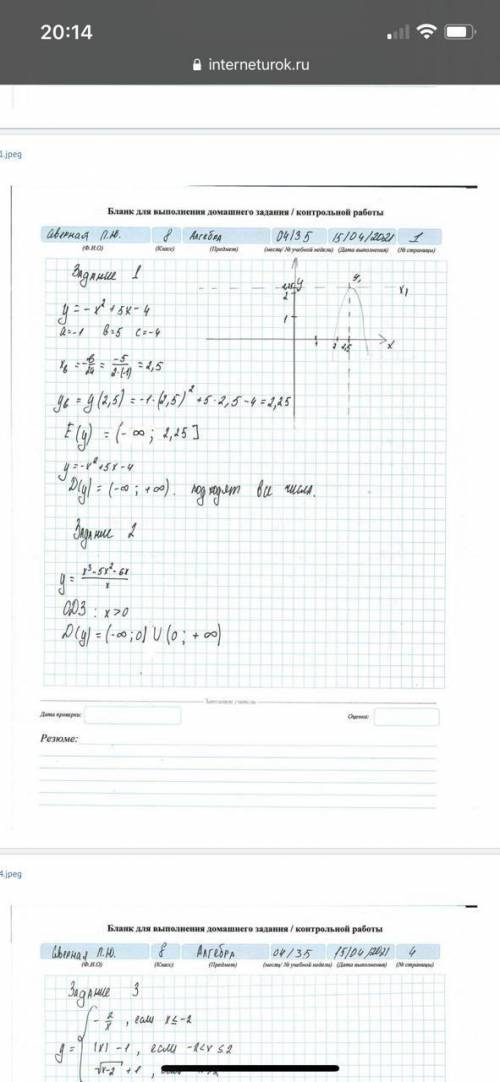 Найдите область определения ( ) и область значений ( ) функции: y= −x2+5x−4