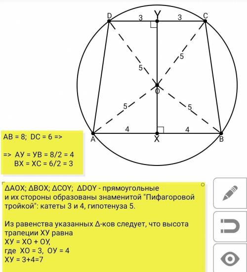 Трапеция с основаниями 6 и 8 вписан в окружность радиуса 5, причём её центр находиться внутри трапец