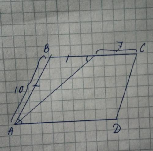 В параллелограмме ABCD биссектриса АО угла А делит сторону ВС на отрезки АВ=10 и ОС=7.Найди периметр