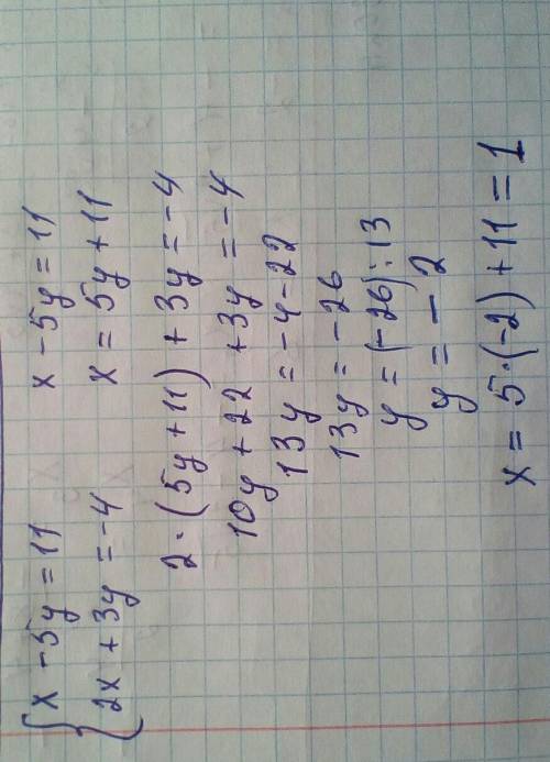 Из первого уравнения системы {x-5y=11, 2x+3y=-4 выразили переменную x и подставили это выражение во