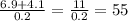 \frac{6.9 + 4.1}{0.2} = \frac{11}{0.2} = 55