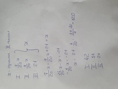 Чему равна сумма трех чисел, если первое число равно 7/20 суммы, второе 9/20 суммы, а третье число р