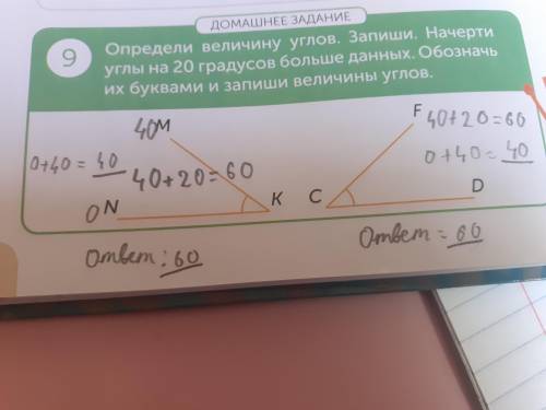 9 ДОМАШНЕЕ ЗАДАНИЕОпредели величину углов. Запиши. Начертиуглы на 20 градусов больше данных. Обознач