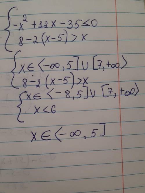 Решите систему уравнений - x²+12x-35<0 8-2(x-5)>x​