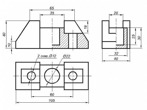 Для детали, заданной двумя проекциями, вычертить недостающий вид, применить необходимые разрезы, нан