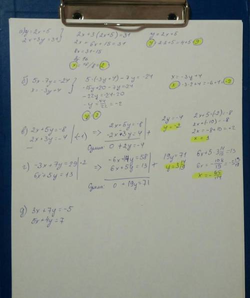 1. Решите систему уравнений: методом подстановки (а, б)методом алгебраического сложения (в,г,д) ​