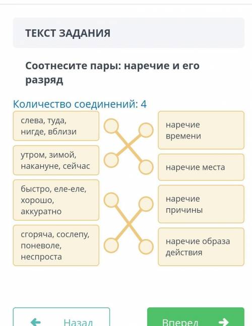 Соотнесите пары: наречие и его разряд Количество соединений: 4слева, туда, нигде, вблизинаречие врем