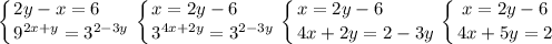 \displaystyle \left \{ {{2y-x=6\hfill} \atop {\displaystyle 9^{2x+y}=3^{2-3y}}}} \right. \left \{ {{x=2y-6\hfill} \atop {\displaystyle 3^{4x+2y}=3^{2-3y}}} \right. \left \{ {{x=2y-6\hfill} \atop {4x+2y=2-3y}} \right. \left \{ {{x=2y-6} \atop {4x+5y=2}} \right.