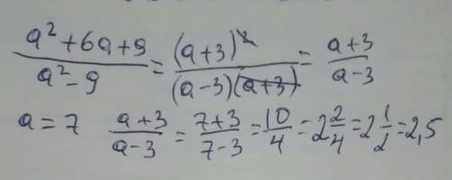 Упростите дробь: ×a2 + 6а + 9a2 - 9Найдите значение дроби при а = 7Верных ответов: 3Числитель дроби
