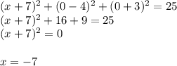 (x+7)^2+(0-4)^2+(0+3)^2=25\\(x+7)^2+16+9=25\\(x+7)^2=0\\\\x=-7