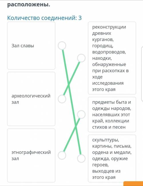 Соотнеси экспонаты краеведческого музея с залом, в котором они расположены. Количество соединений: 3