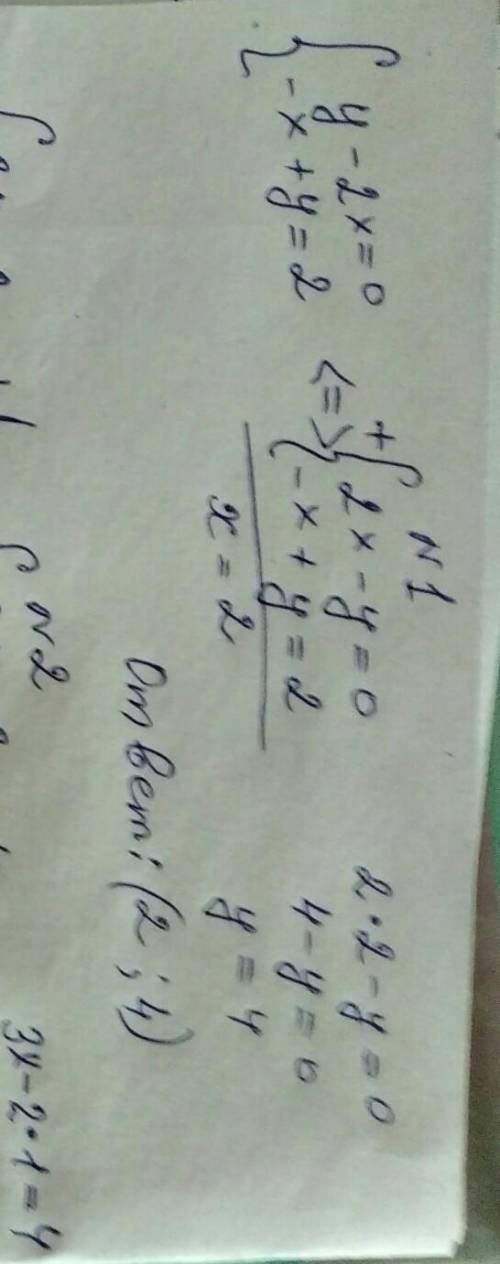 1. Решите систему линейных уравнений: { y - 2x = 0 { -x + y = 2