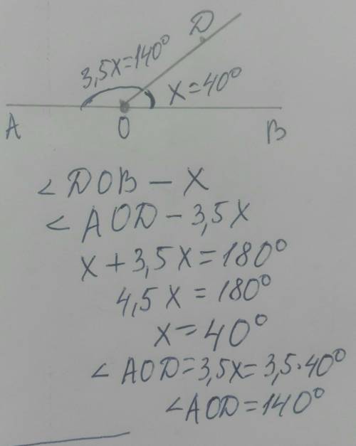 1. Луч OD делит развернутый угол АОВ на два угла так, что градусная мера угла AOD в 3,5 раза больше