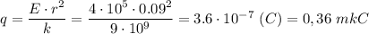 q = \dfrac{E\cdot r^2}{k} = \dfrac{4\cdot10^5\cdot 0.09^2}{9\cdot10^9} = 3.6\cdot10^{-7}~(C) = 0,36~mkC