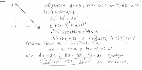 один із катетів прямокутного трикутника на 14 см більший від другого катета на 2 см менший від гіпот