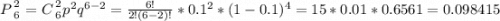 P{{2}\atop{6}}=C{{2}\atop{6}}p^{2}q^{6-2}=\frac{6!}{2!(6-2)!}*0.1^{2}*(1-0.1)^{4}=15*0.01*0.6561=0.098415