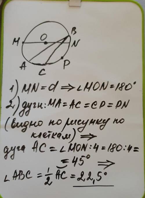 На клетчатой бумаге с размером клетки 1 × 1 изображён вписанный в окружность угол ABC. Найдите его г