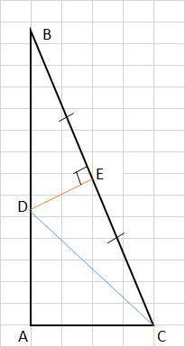 Из середины гипотенузы прямоугольного треугольника восставлен перпендикуляр до пересечения с катетом