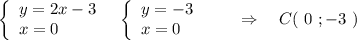 \left\{\begin{array}{l}y=2x-3\\x=0\end{array}\right\ \ \left\{\begin{array}{l}y=-3\\x=0\end{array}\right\ \ \ \ \ \ \Rightarrow \ \ \ C(\ 0\ ;-3\ )