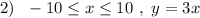 2)\ \ -10\leq x\leq 10\ ,\ y=3x