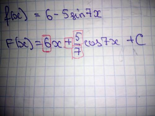 Дана функция f(x)=6−5sin7x. Общий вид первообразных функции: