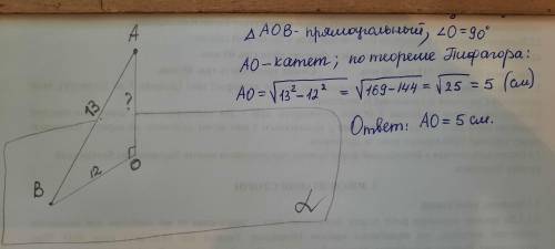 Из т.А, не принадлежащей плоскости α, проведена наклонная АВ, её проекция на эту плоскость равна 12