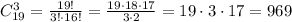 C_{19}^3=\frac{19!}{3!\cdot 16!}=\frac{19\cdot 18\cdot 17}{3\cdot 2}=19\cdot 3\cdot 17=969
