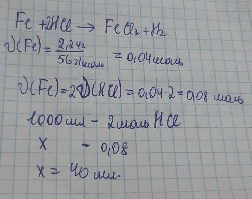 Какой объем 2 M Р-ра HCL требуется для растворения 2,24 г Fe?​