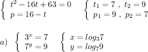 \left\{\begin{array}{l}t^2-16t+63=0\\p=16-t\end{array}\right\ \ \left\{\begin{array}{l}t_1=7\ ,\ t_2=9\\p_1=9\ ,\ p_2=7\end{array}\right\\\\\\a)\ \ \left\{\begin{array}{l}3^{x}=7\\7^{y}=9\end{array}\right\ \ \left\{\begin{array}{l}x=log_37\\y=log_79\end{array}\right