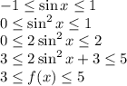 -1\leq \sin{x}\leq 1\\0\leq \sin^2{x}\leq 1\\0\leq 2\sin^2{x}\leq 2\\3\leq 2\sin^2{x}+3\leq 5\\3\leq f(x)\leq 5