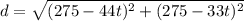 d = \sqrt{(275 - 44t)^2+ (275 - 33t)^2 }